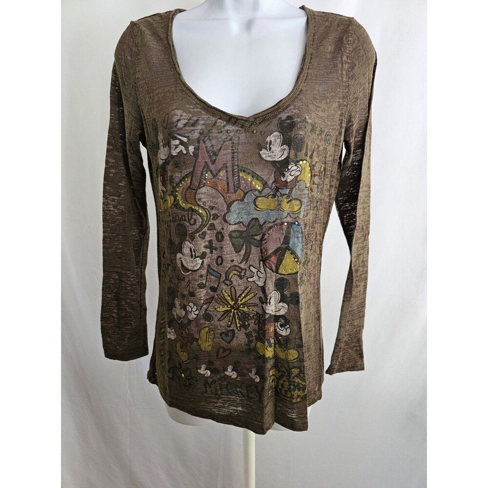 Disneyland Mickey Mouse Green Sheer Burnout Long Sleeve Top Women’s Size M